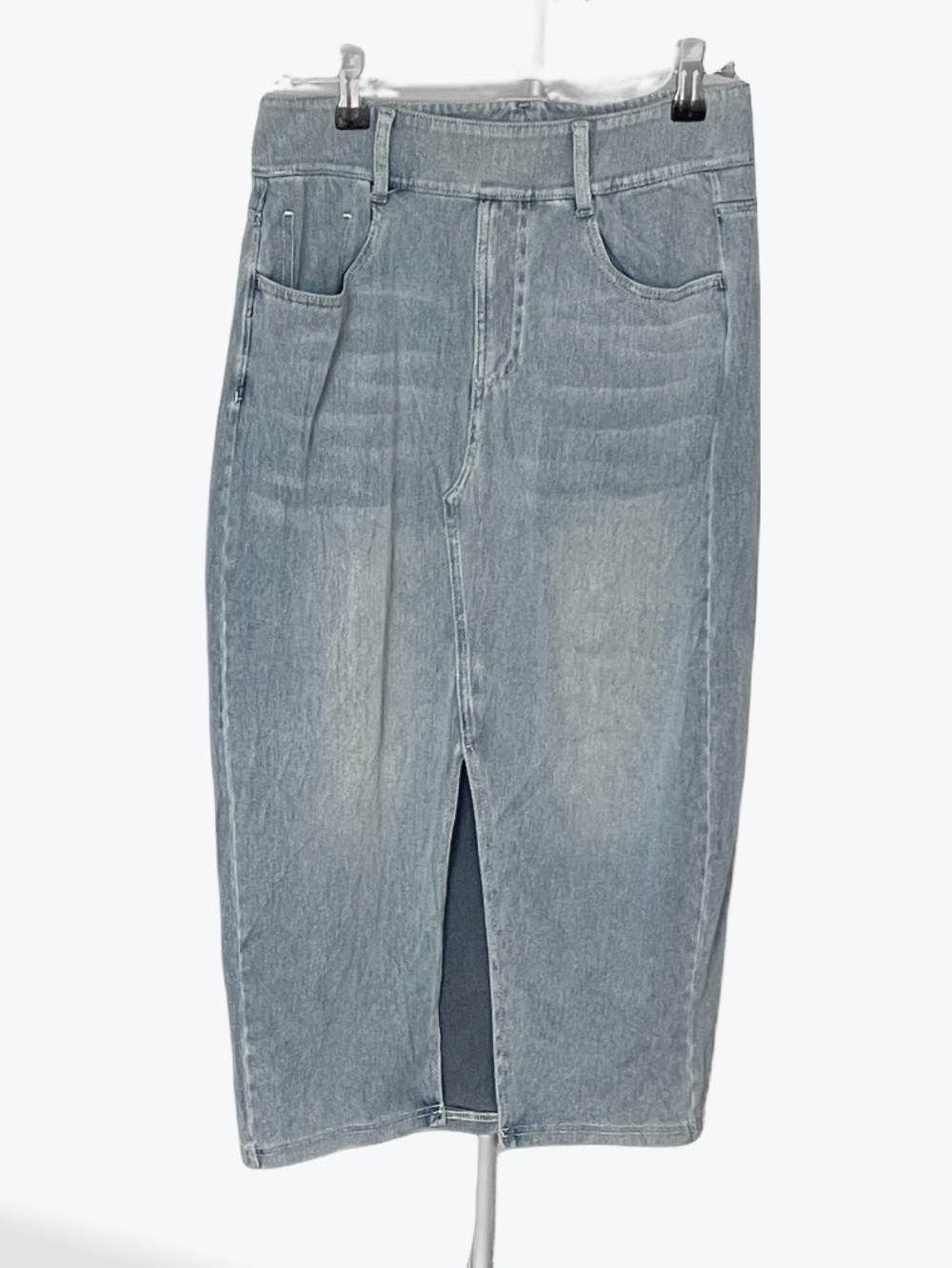 HALARA Faded Blue Denim Midi Skirt with Front Slit